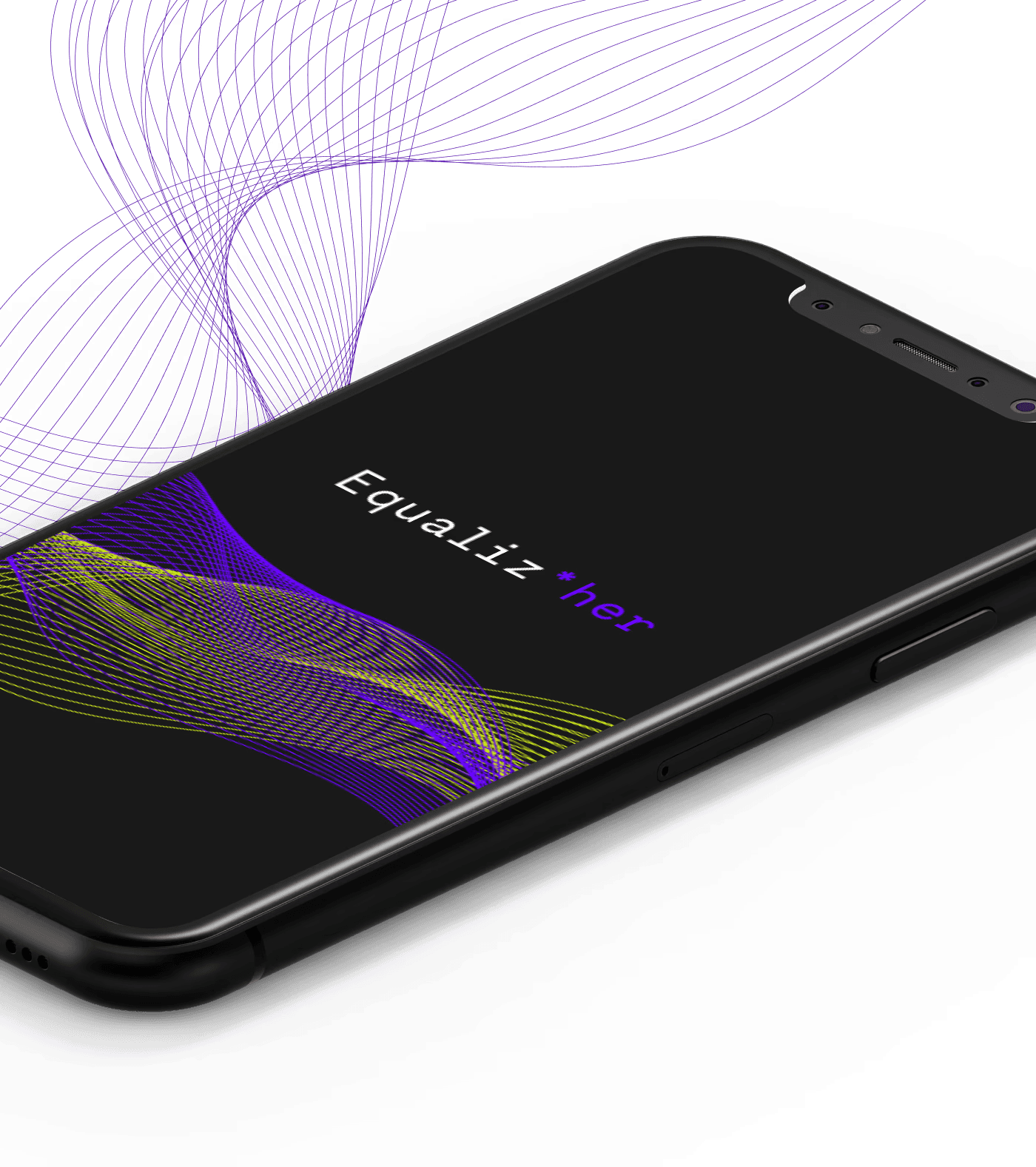 Smartphone showing the Equaliz*her app – black screen with typographic logo and dynamic purple and yellow line graphics; UX/UI design, art direction, and digital product design by Mareike Koch | Berlin