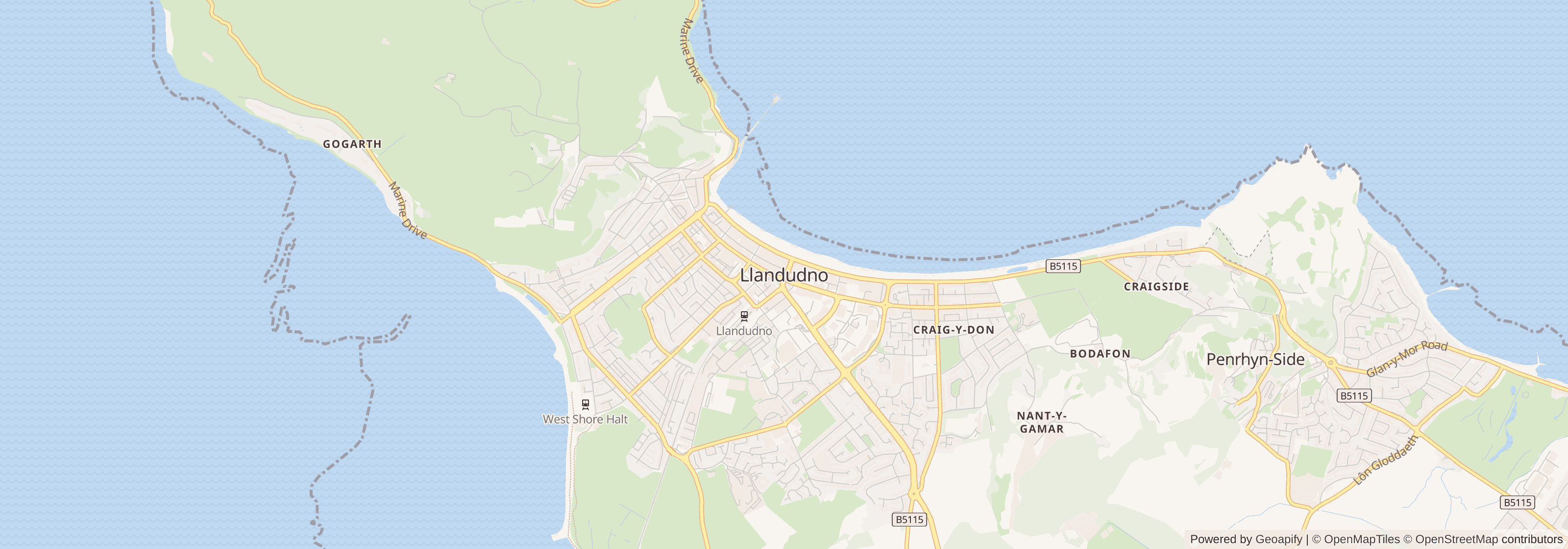 Street map of Llandudno, Conwy showing main roads and nearby areas