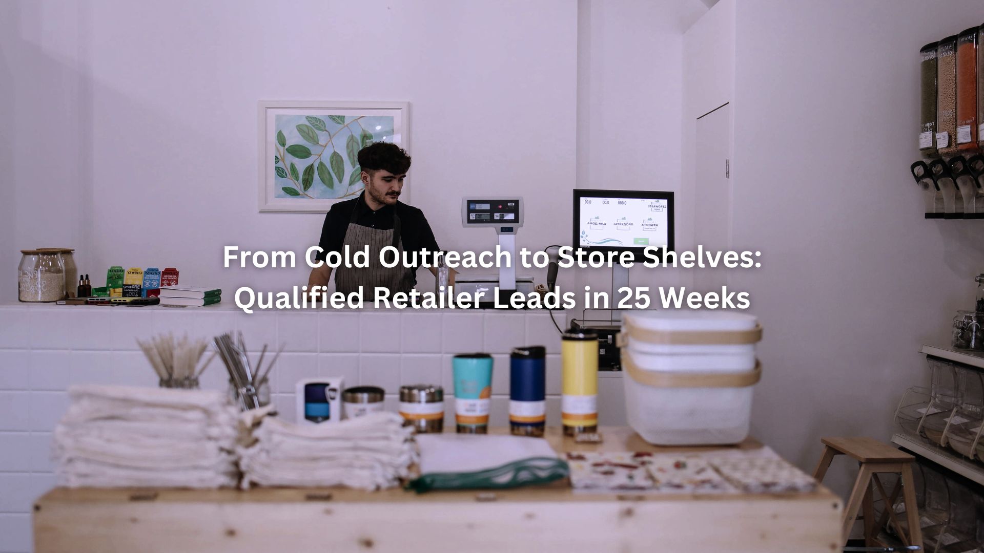 Small store cashier behind counter with eco products, illustrating Qualified Retailer Leads in 25 Weeks.