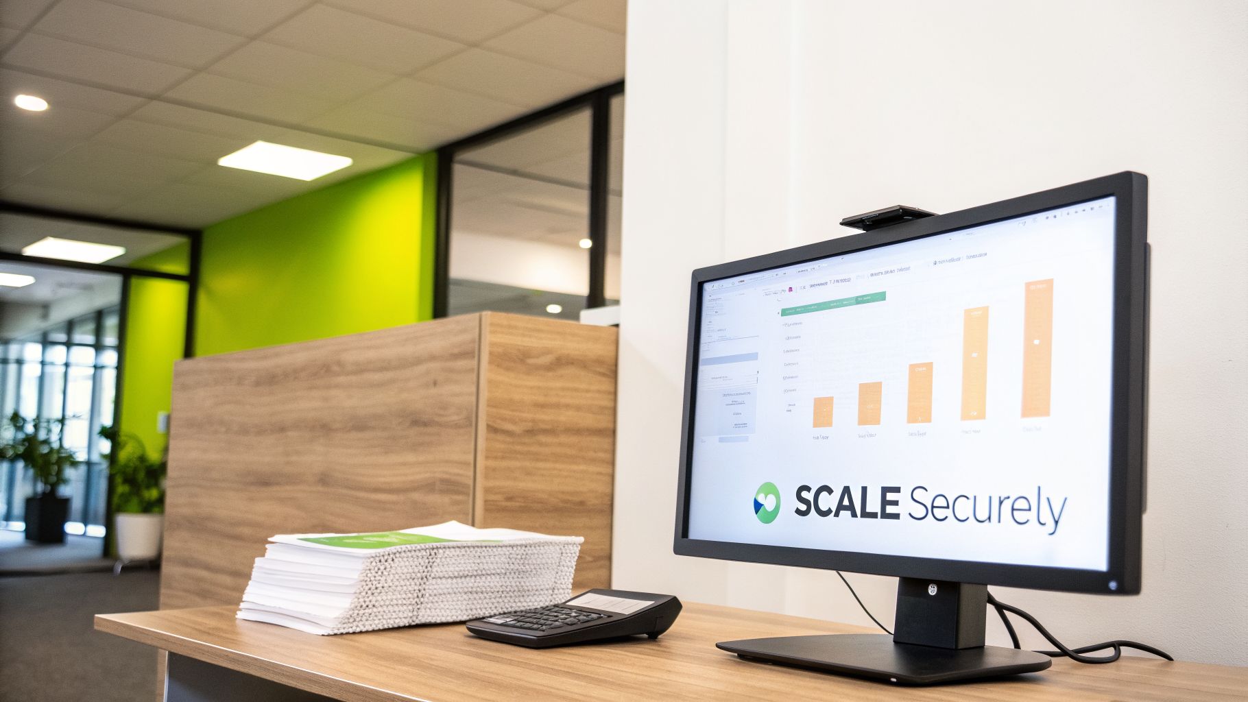 A modern office desk with a computer monitor displaying a dashboard, documents, and a calculator.