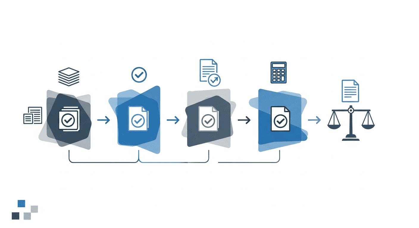 A clean, professional diagram showing a filtering or testing process with five distinct checkpoints or gates. Visualize documents or cost items moving through a quality control system with inspection points. Use a modern, minimal style with blue and gray tones, abstract geometric shapes representing verification steps, checkmarks, and flow arrows. Include visual elements suggesting accounting, documentation, and compliance review processes. Government/federal professional aesthetic with no text or letters.
