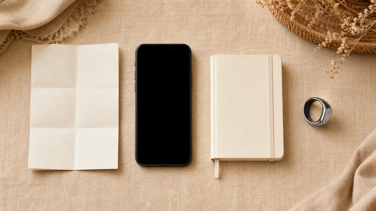 Blank paper tracker, black-screen phone, small journal, and silver smart tasbih ring on linen