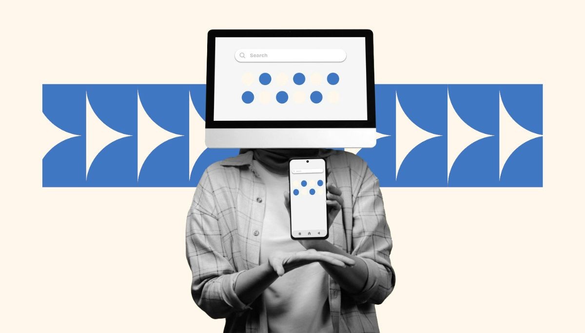 Collage illustration of a person with a laptop and smartphone in front of a giant search bar, symbolizing the process of converting a website into an app.