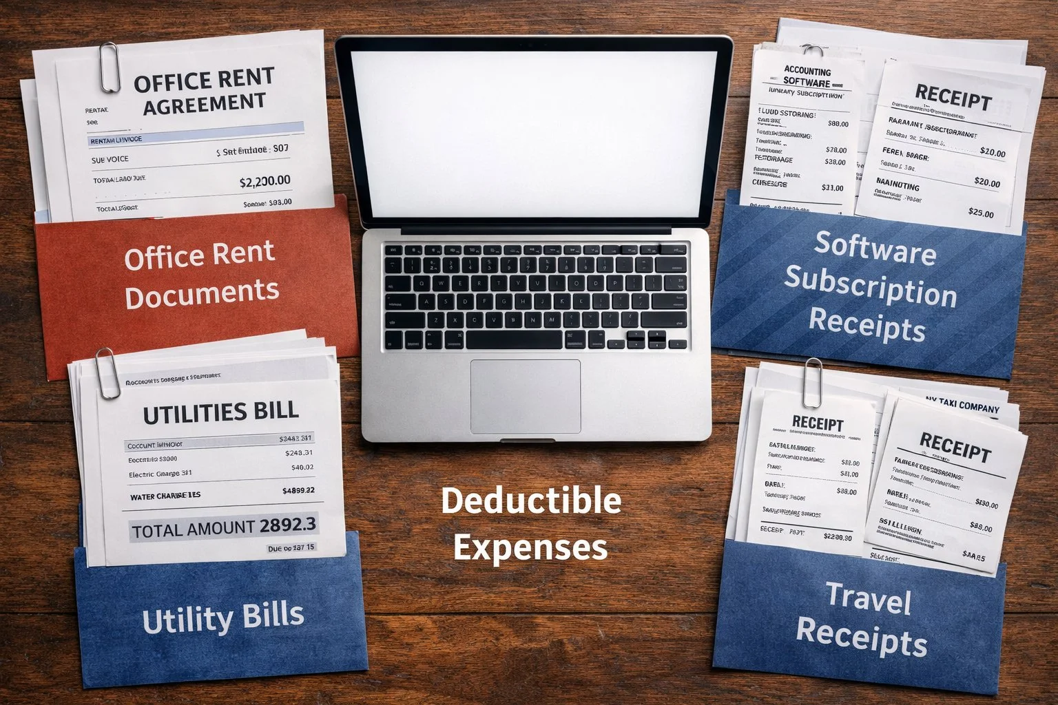 Realistic desk arrangement with office rent documents, computer, software receipts, utility bills, and travel receipts illustrating common business deductible expenses.