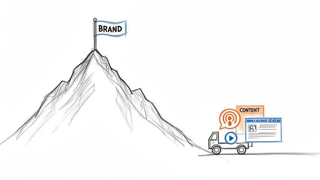 A truck carrying content like podcasts, videos, and articles drives towards a mountain with a 'BRAND' flag.