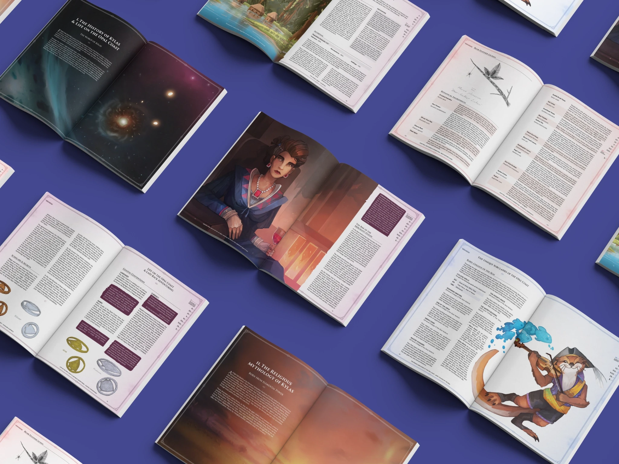 A number of open books featuring pages from Surf & Sabotage. Some books feature full-spread artworks, others have text and tables.