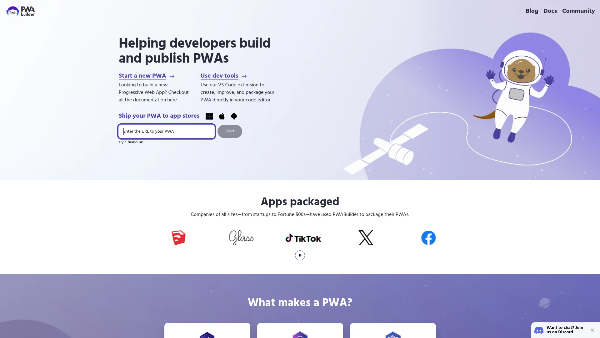 PWABuilder free website to app packaging tool homepage