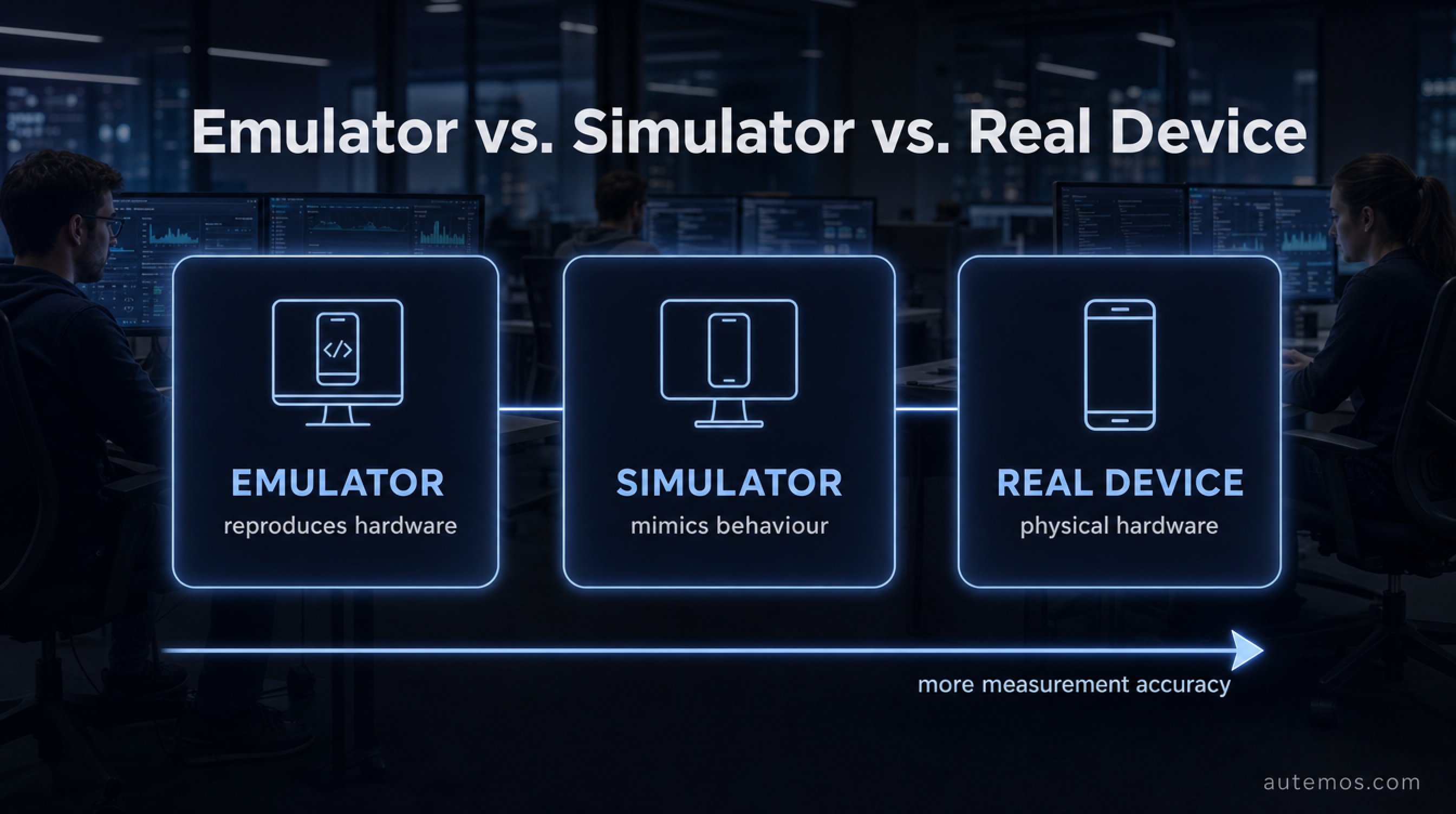 Infographic: emulator reproduces hardware, simulator mimics behaviour, real device is physical hardware – with rising measurement accuracy from left to right.