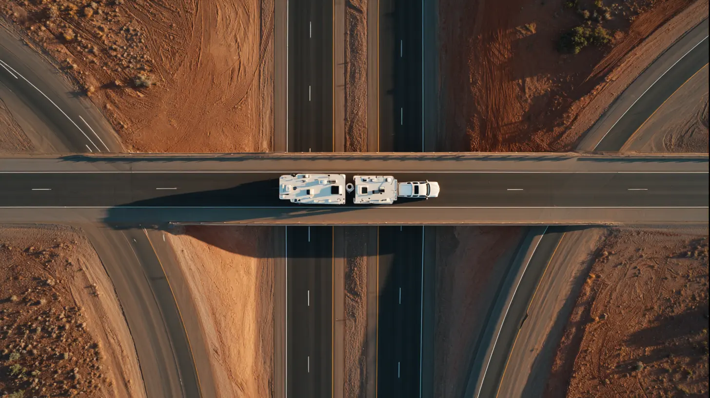 Aerial drone view of a heavy-duty pickup truck towing a large travel trailer RV down a winding scenic road.