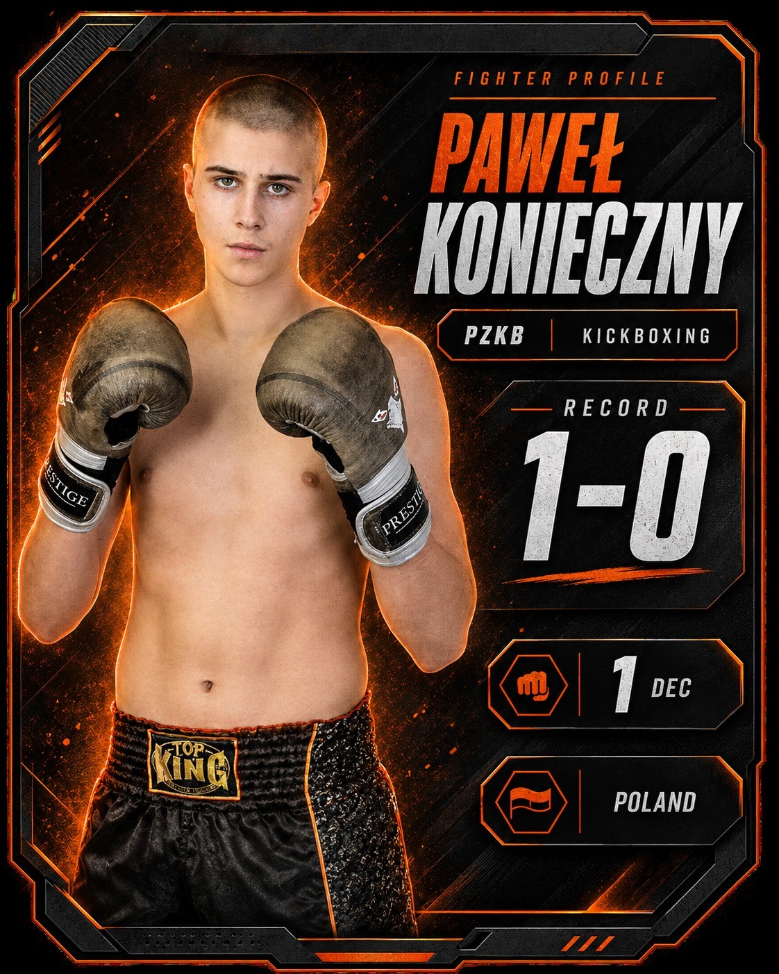 Karta rekordu zawodnika — Paweł Konieczny, PZKB, kickboxing, rekord 1-0
