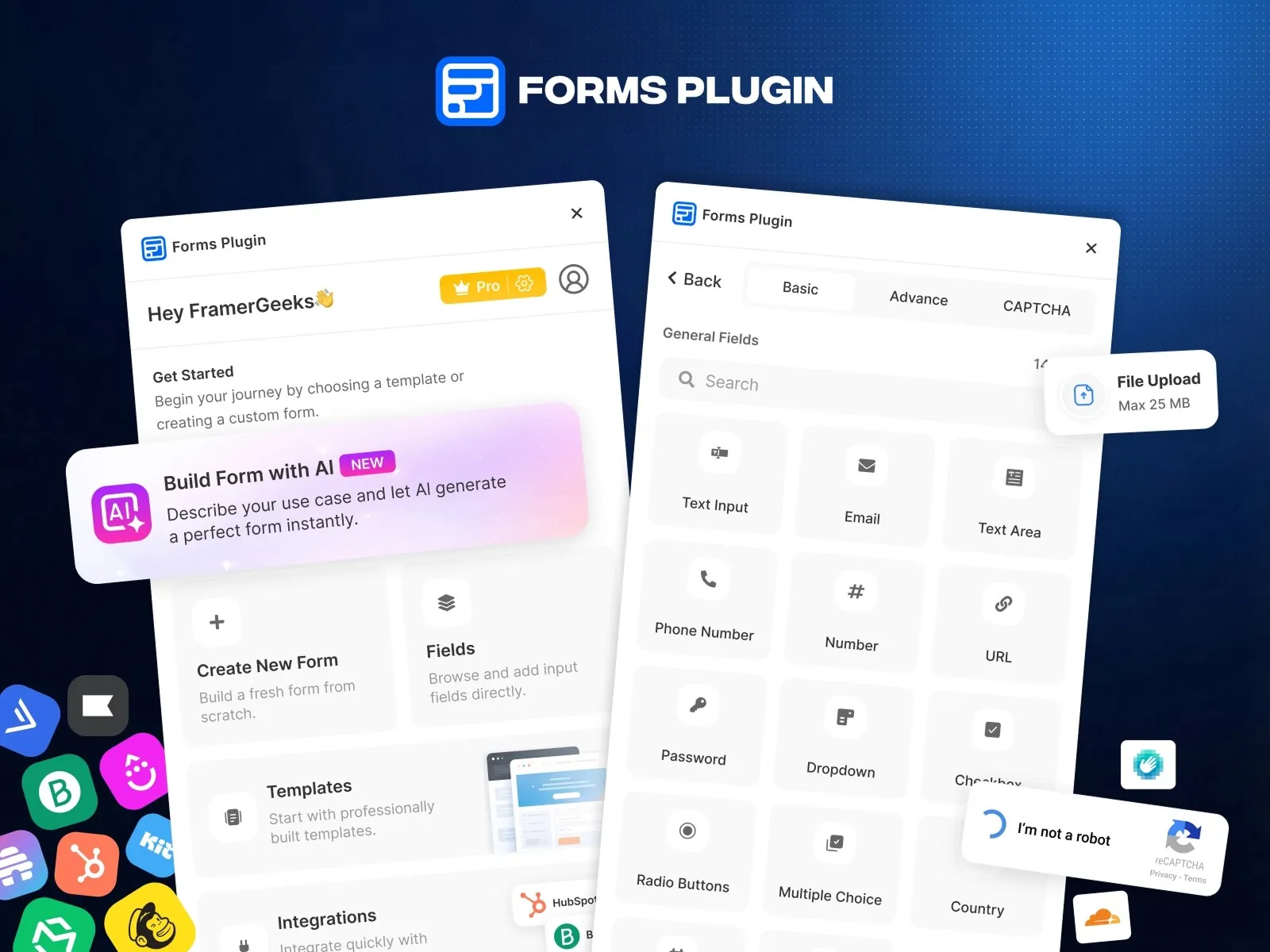 "Forms app interface with AI form builder and various input options displayed."