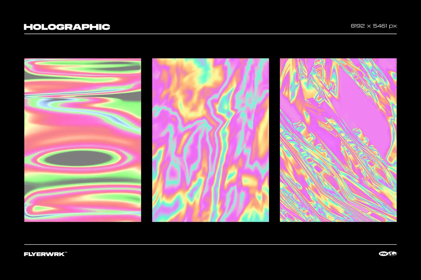 Trippy psychedelic backgrounds collection showing three high resolution holographic distortion textures for poster design