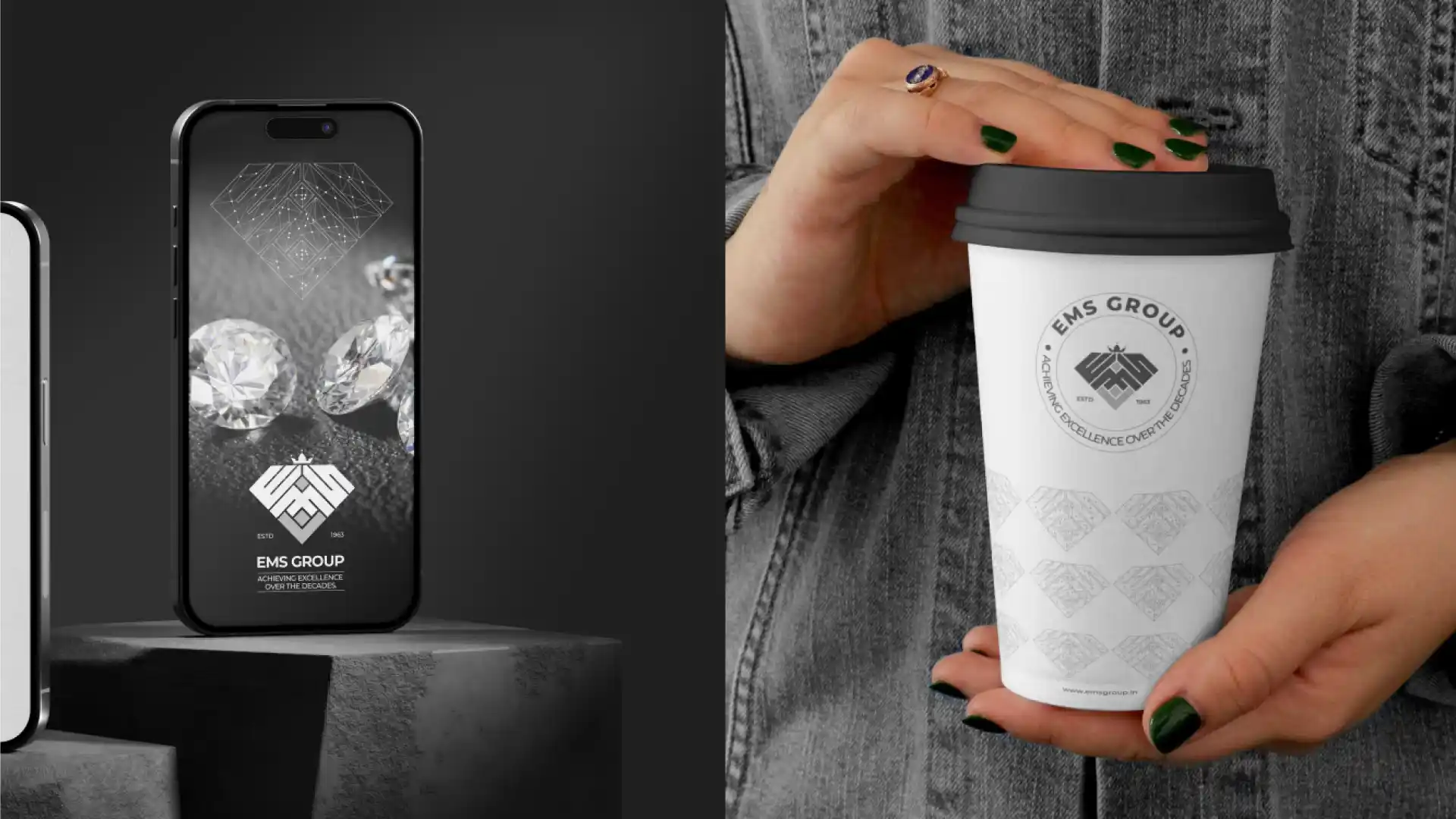EMS Group jewellery brand mobile app and branded takeaway cup mockup