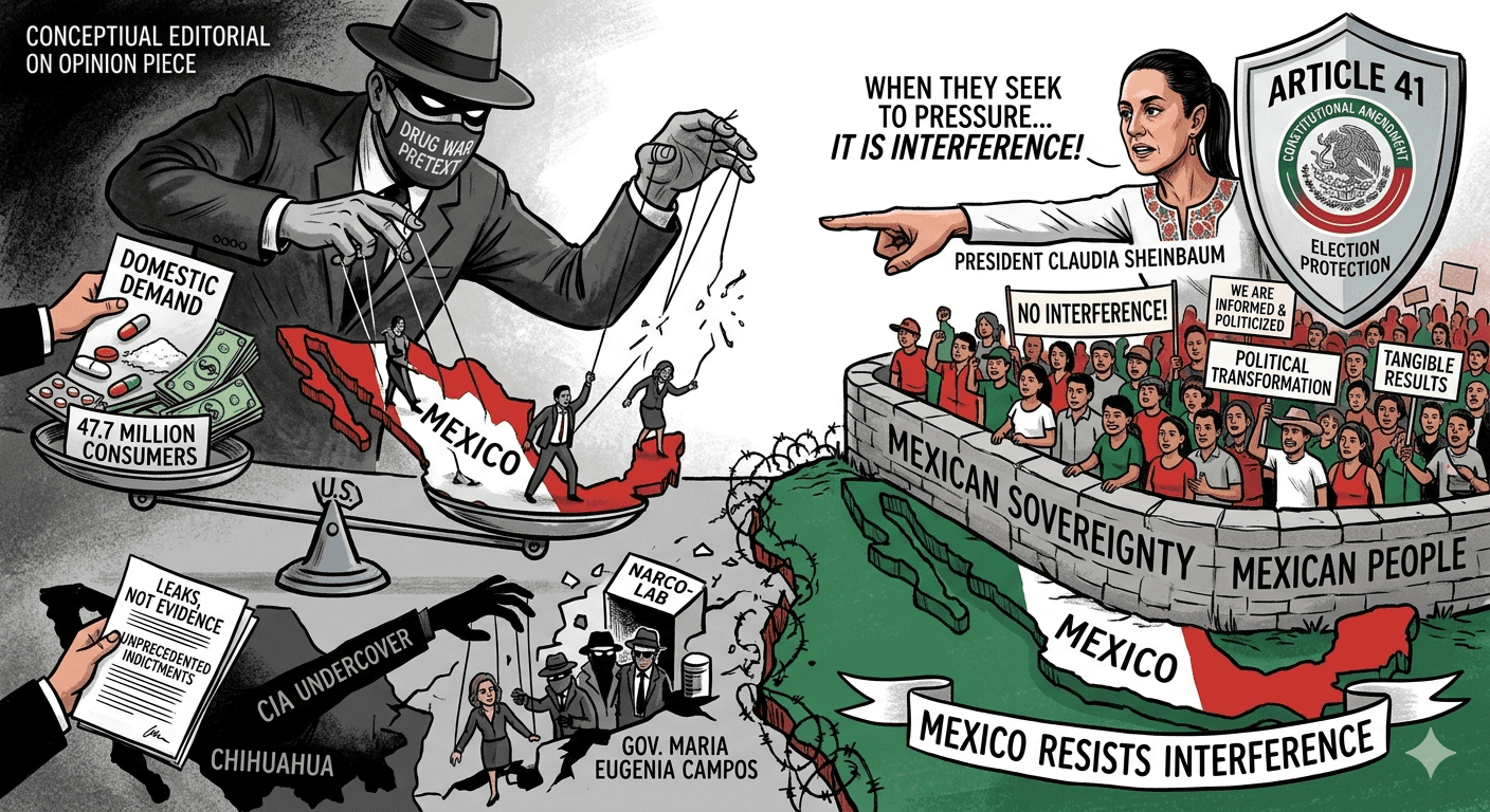 : Political illustration of Mexican President Claudia Sheinbaum rejecting alleged U.S. interference and defending Mexico’s sovereignty.