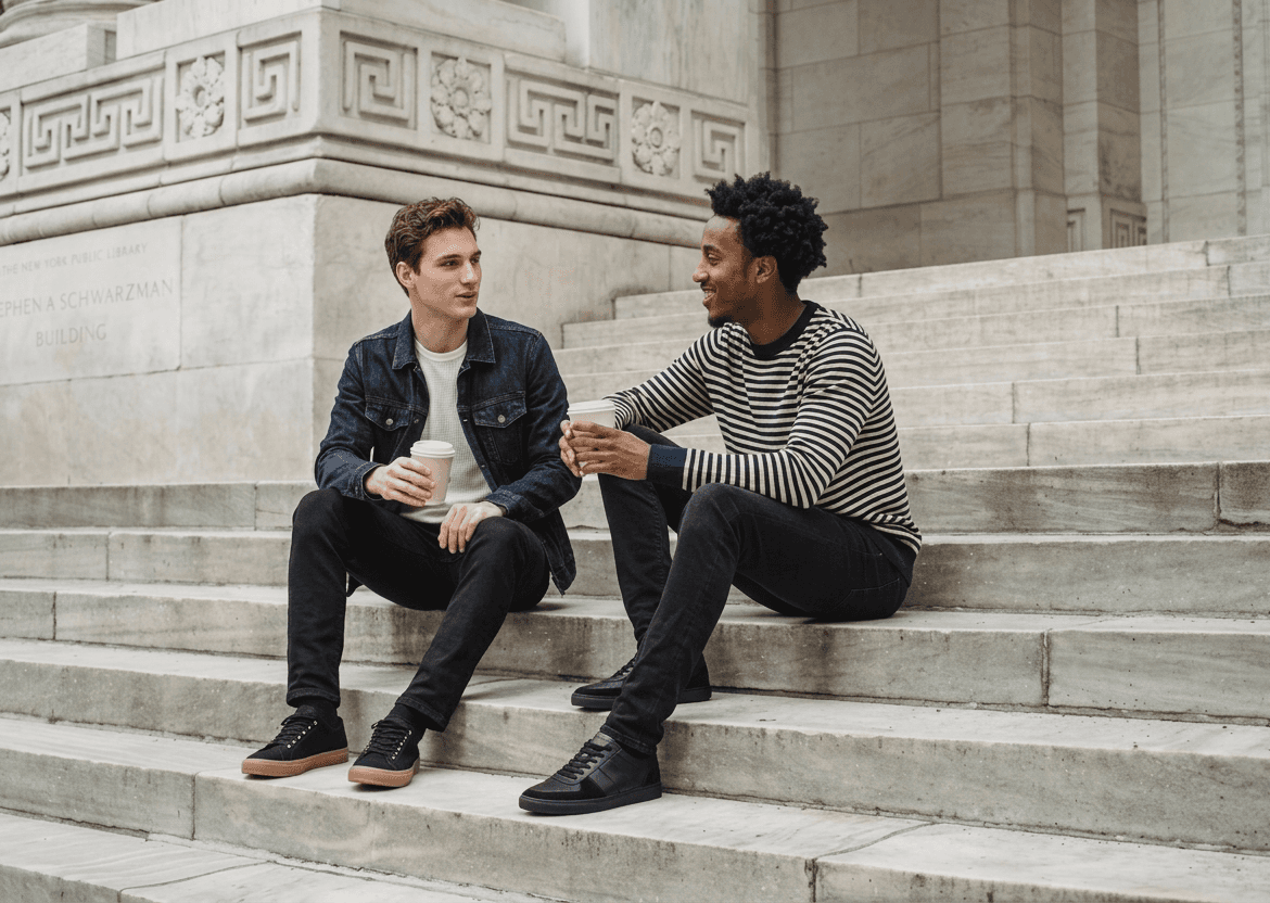Two men having a relaxed conversation while sitting on outdoor stone steps