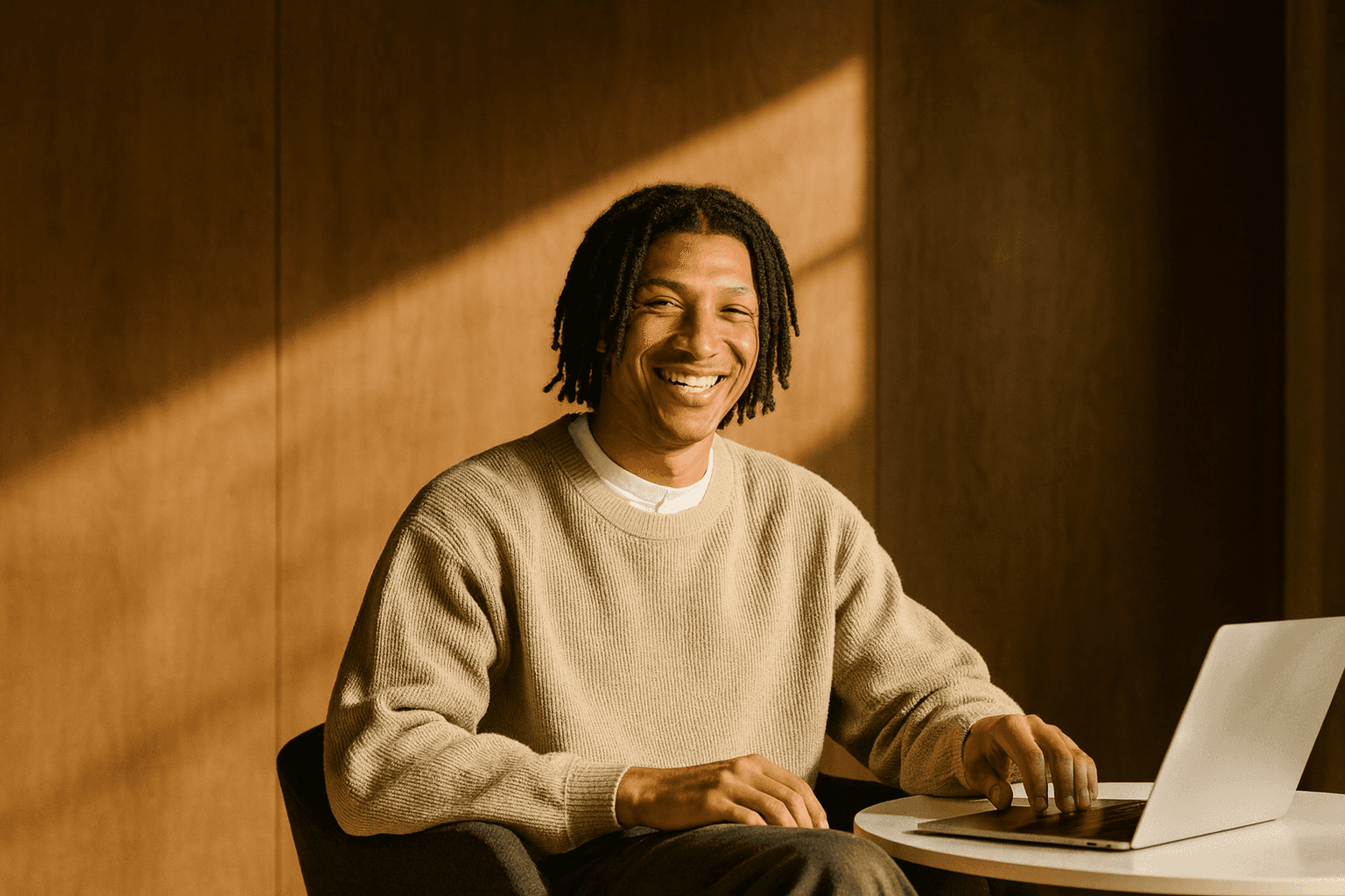 Smiling man using a laptop in warm indoor light