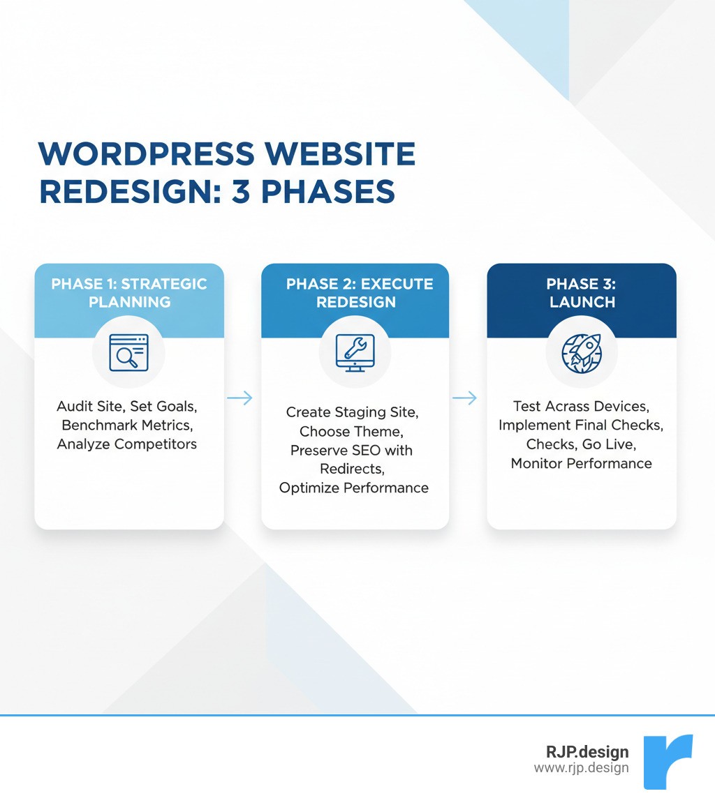 Infographic showing the 3 phases of WordPress website redesign: Phase 1 - Strategic Planning (audit site, set goals, benchmark metrics, analyze competitors), Phase 2 - Execute Redesign (create staging site, choose theme, preserve SEO with redirects, optimize performance), Phase 3 - Launch (test across devices, implement final checks, go live, monitor performance) - wordpress website redesign infographic 