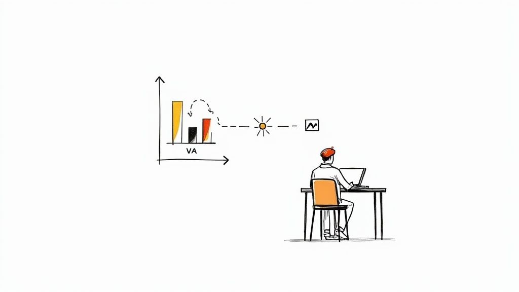 Illustration of a bar chart labeled 'VA' connected by icons to a person working on a laptop.