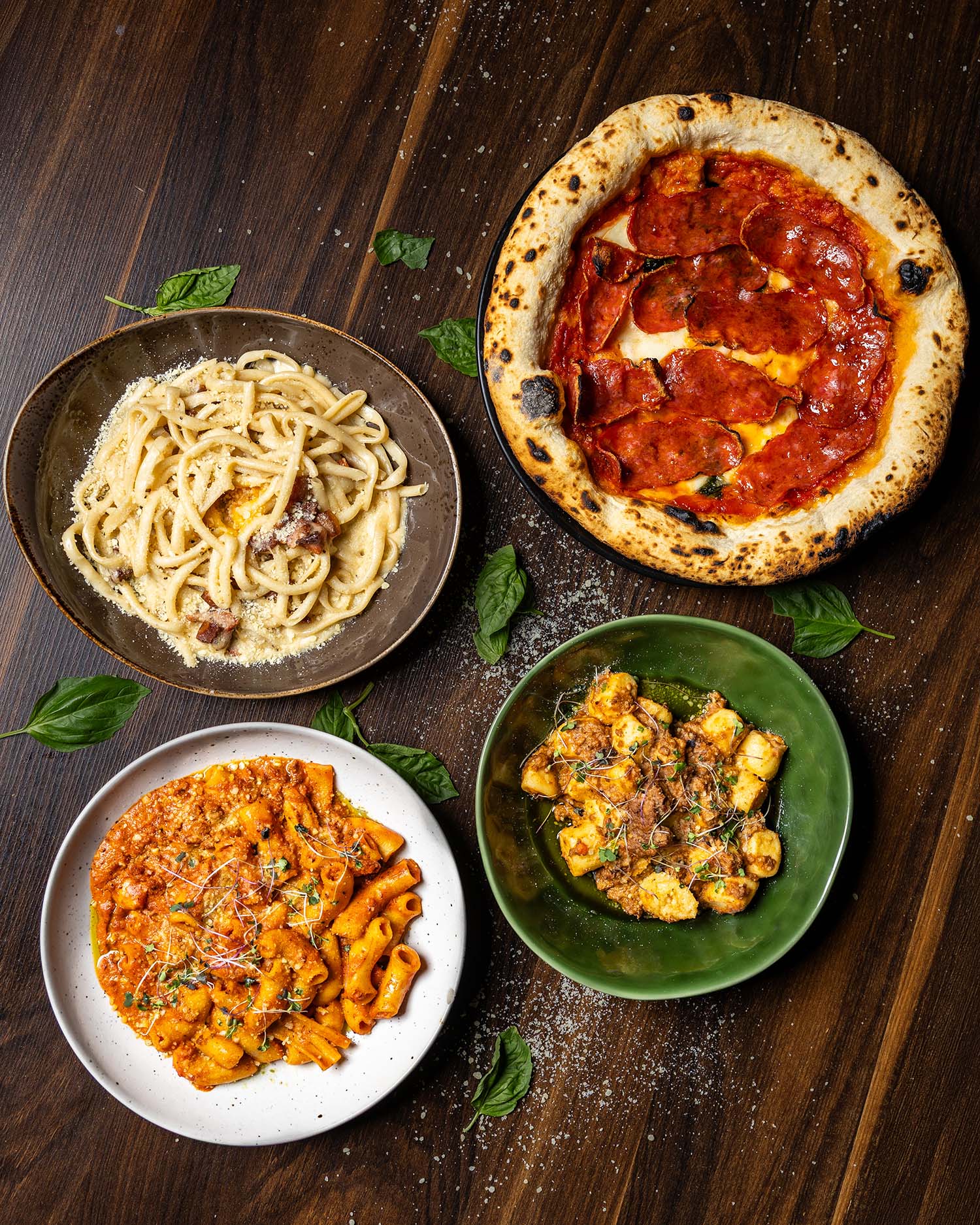 GP Italiano carbonara Diavolo pizza rigatoni and gnocchi spread overhead Italian restaurant food photography La Grange IL by Quickie Studio