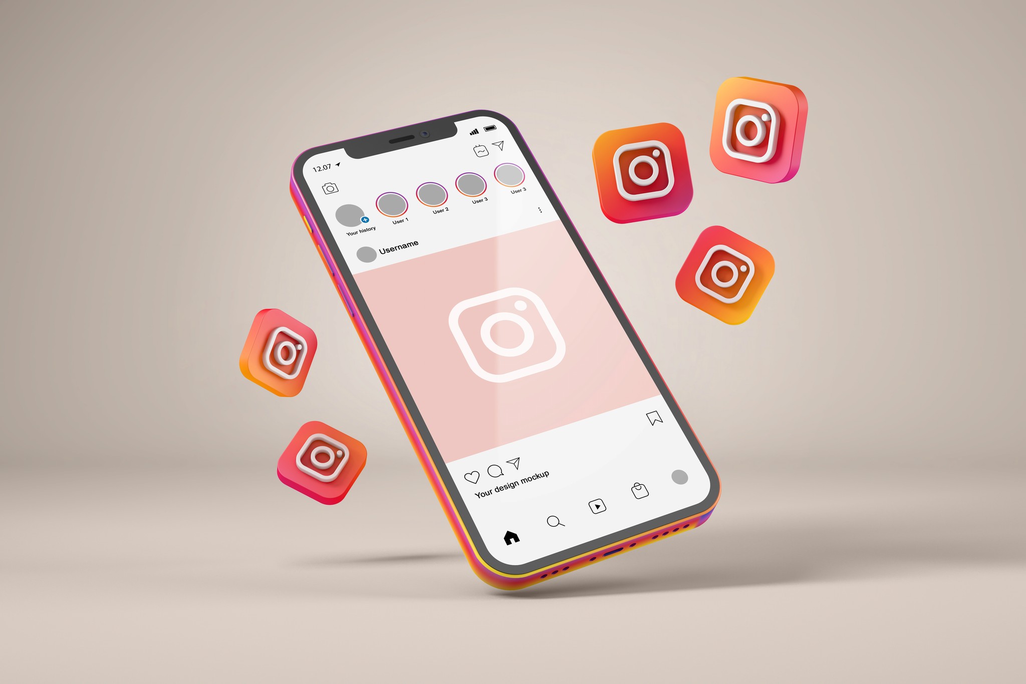 3D illustration of a smartphone displaying the Instagram app, surrounded by floating Instagram icons in a dynamic arrangement.