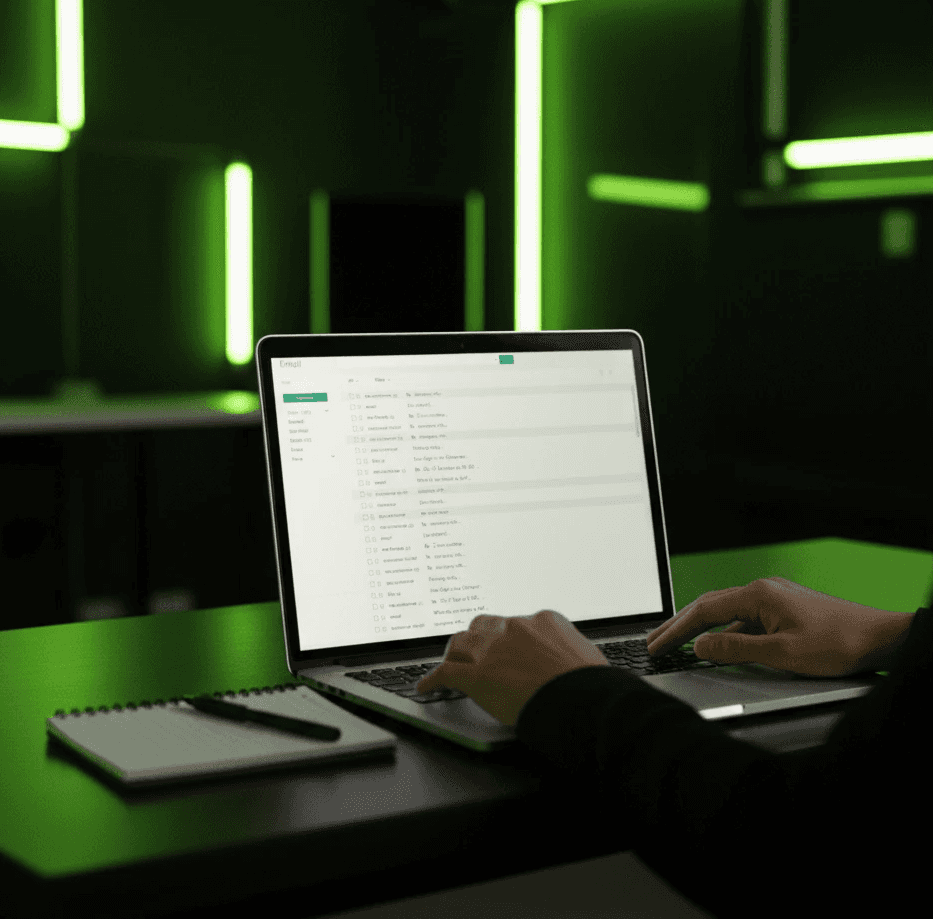 Hands typing on a laptop with an email inbox open, in a dark room illuminated by green neon lights.