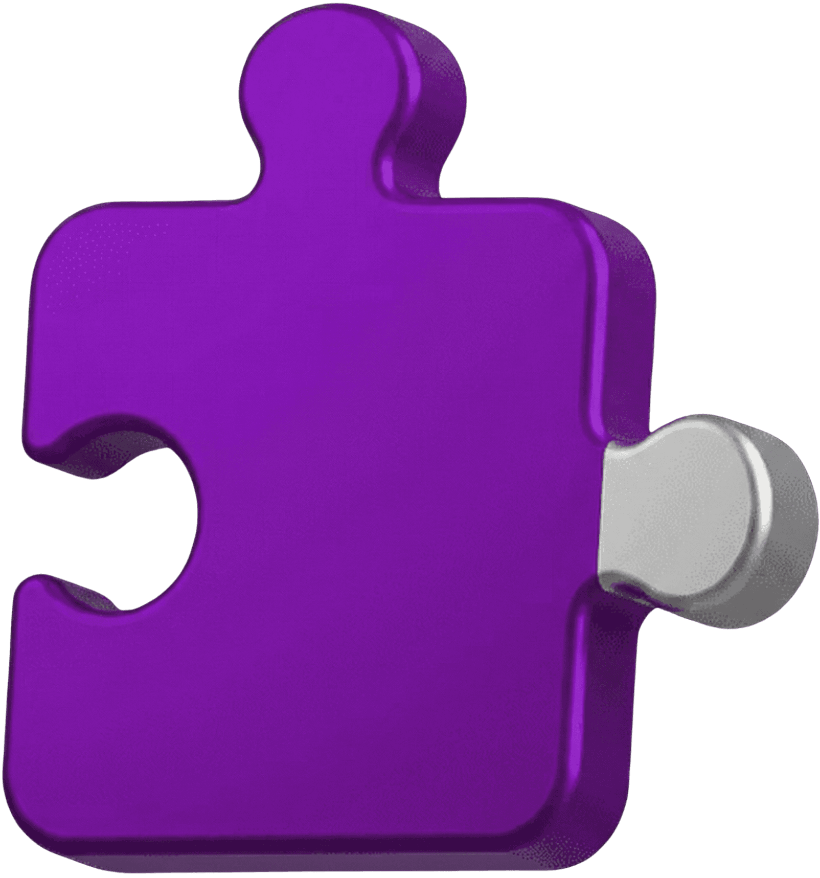 A three-dimensional purple jigsaw puzzle piece. It has a rounded notch on the left side and a silver, cylindrical tab (the 'outie' piece) extending from the right side.