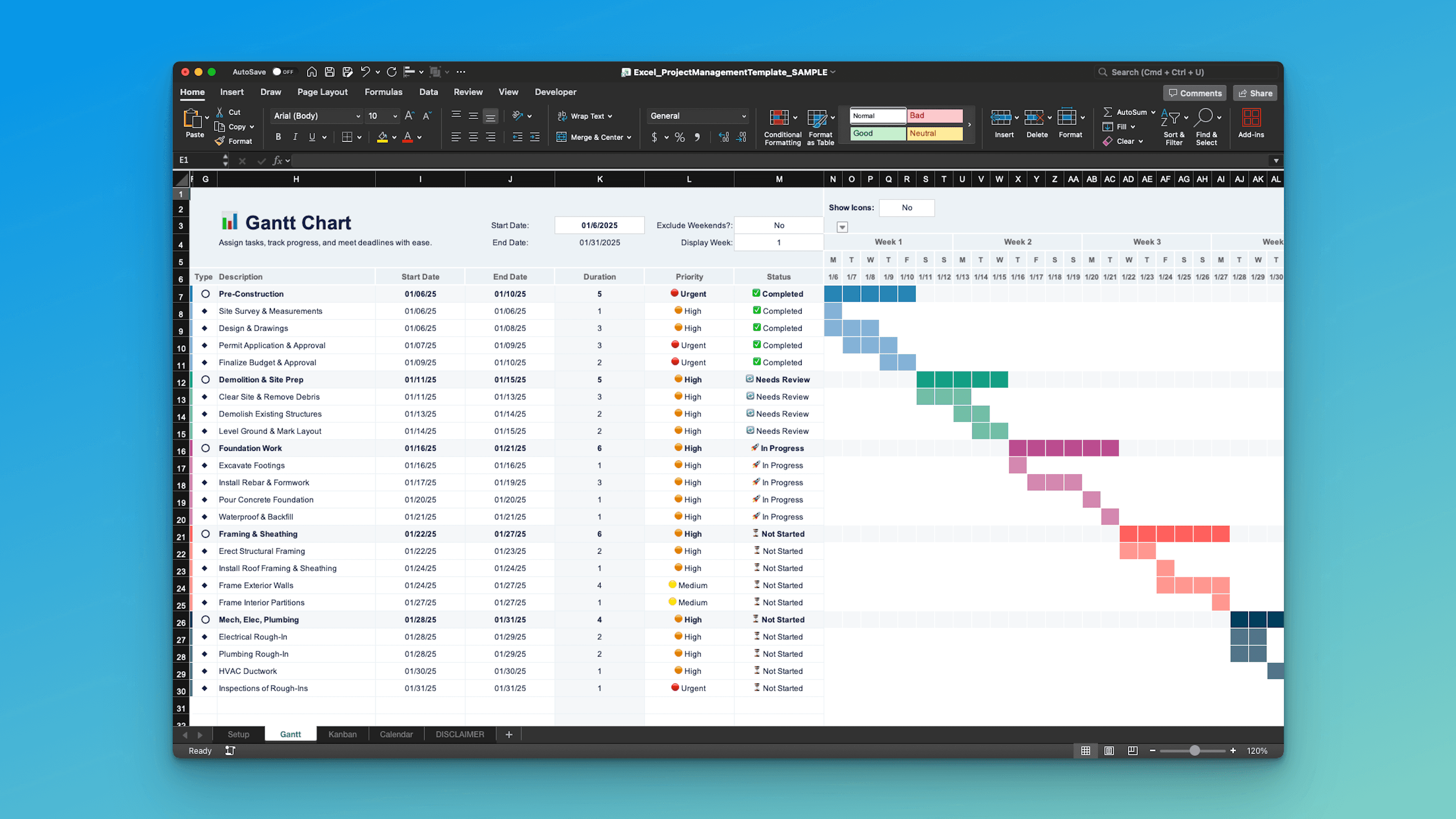 Excel Gantt chart timeline for construction project management – detailed bars with phases priorities status and progress from site prep to framing