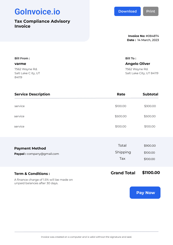 Tax Compliance Advisory Invoice 