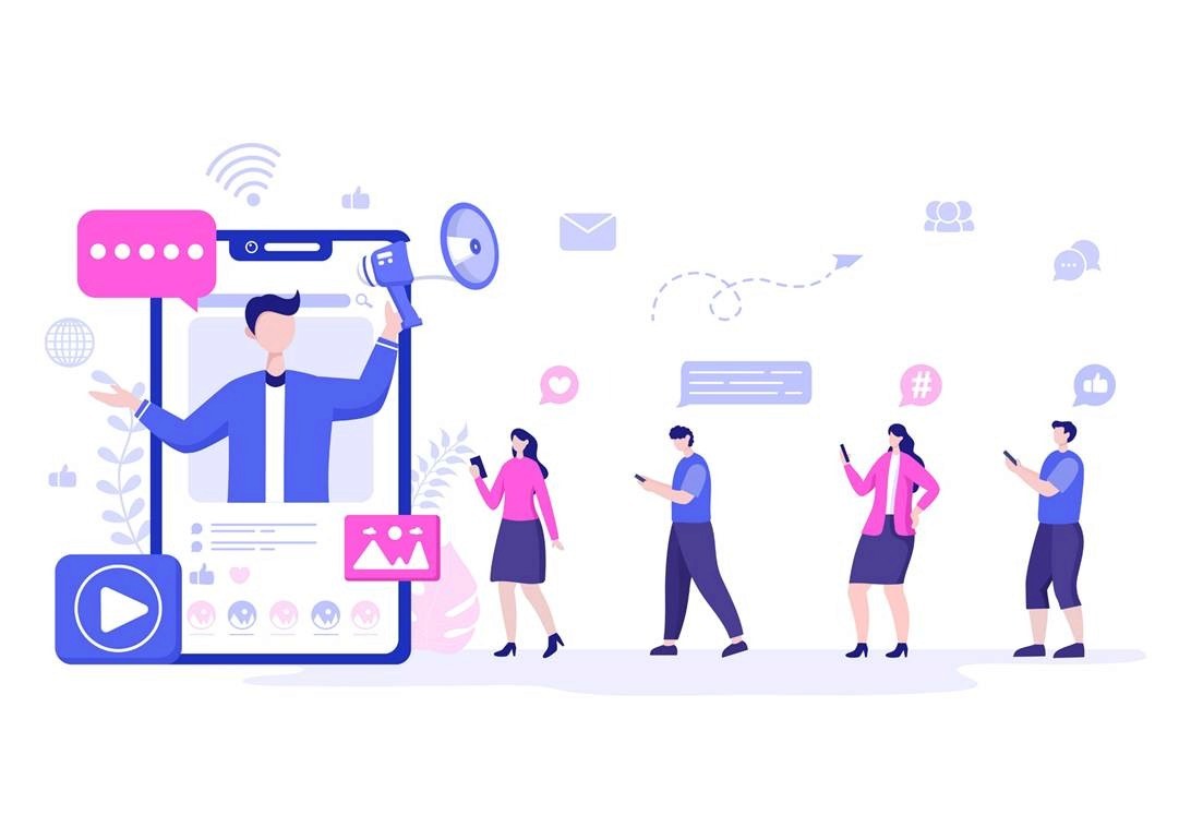 Illustration of a male influencer holding a megaphone through a smartphone screen while four people on mobile devices receive social media content, representing influencer-to-audience reach