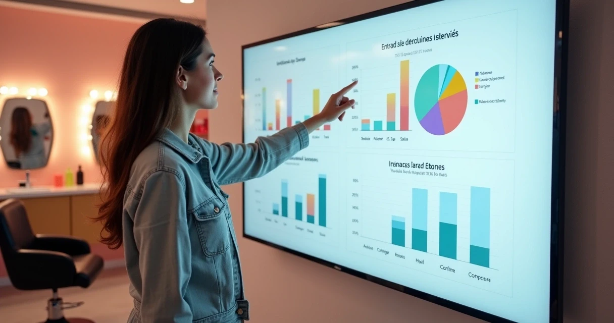 Interpretação de gráficos financeiros em salão de beleza. 