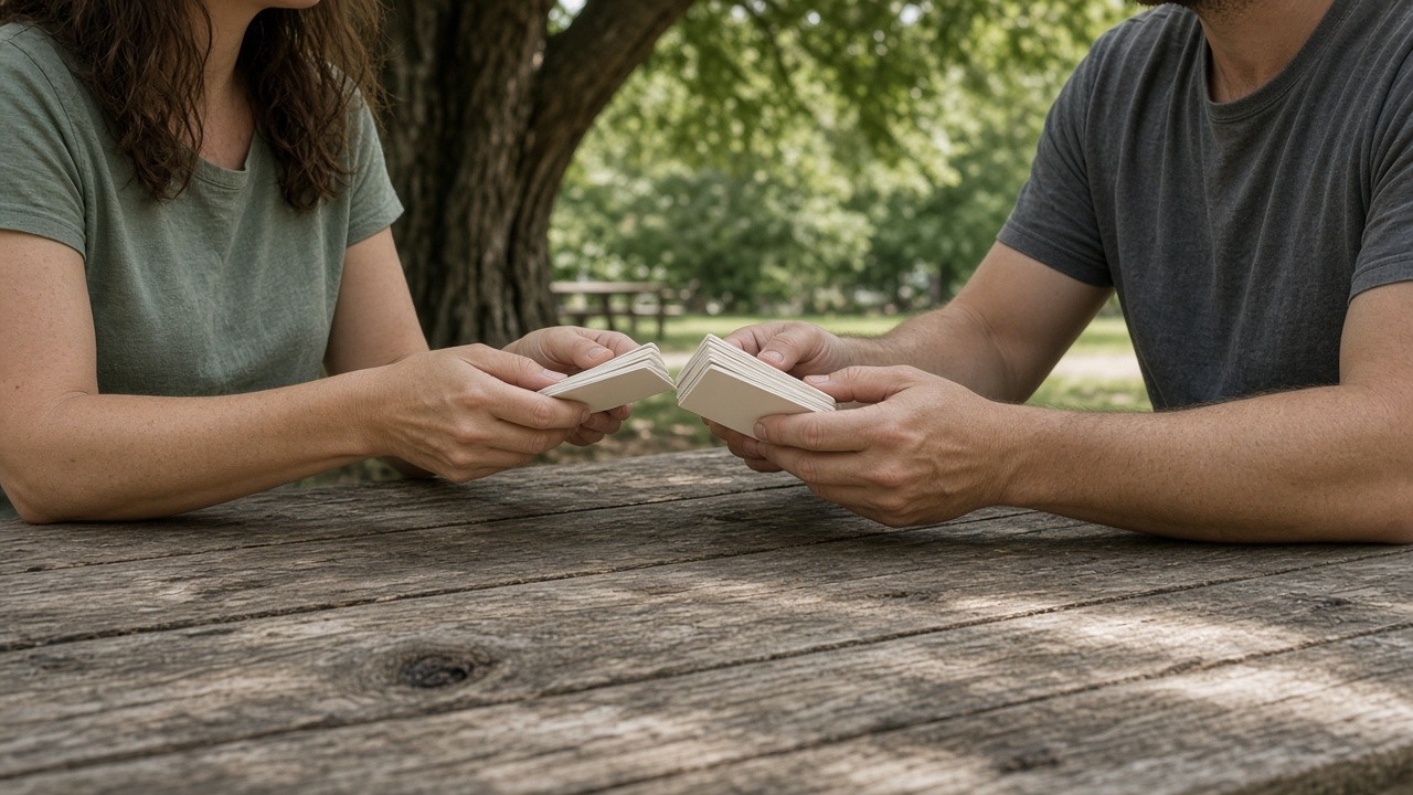 This image shows two individuals sitting at a wooden picnic table outside under a large tree, engaged in playing a memory card game. Each person is holding a set of small, square cards, facing each other during a game that promotes cognitive activity. The setting suggests a casual, peaceful outdoor environment with lush green foliage in the background, making it suitable to illustrate topics related to brain exercises, dementia family activities, or mentally stimulating social interactions in natural settings.