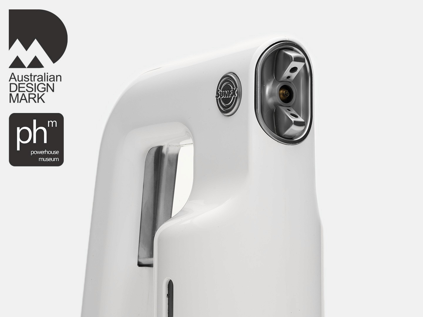 SunFX spray gun prototype – sleek white product design for tanning systems