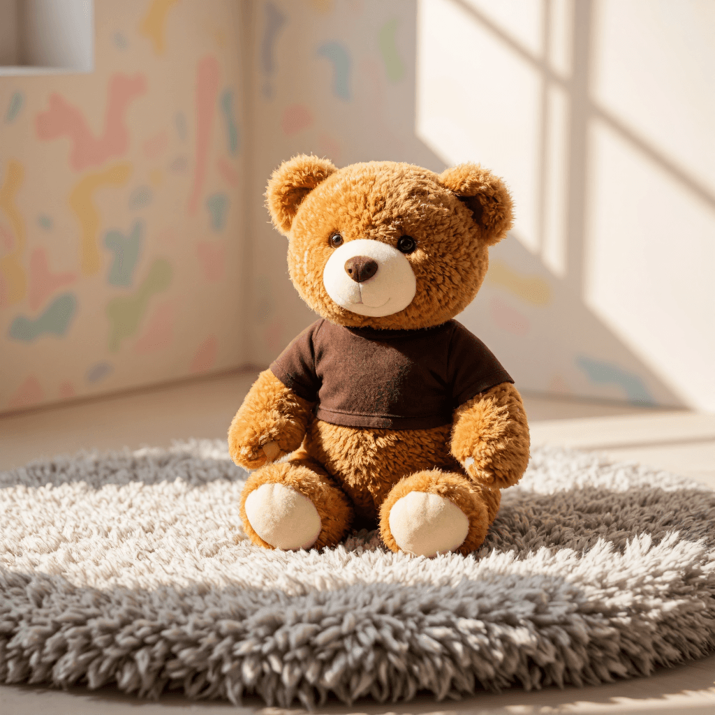 product photography of a plush toy bear with a branded shirt