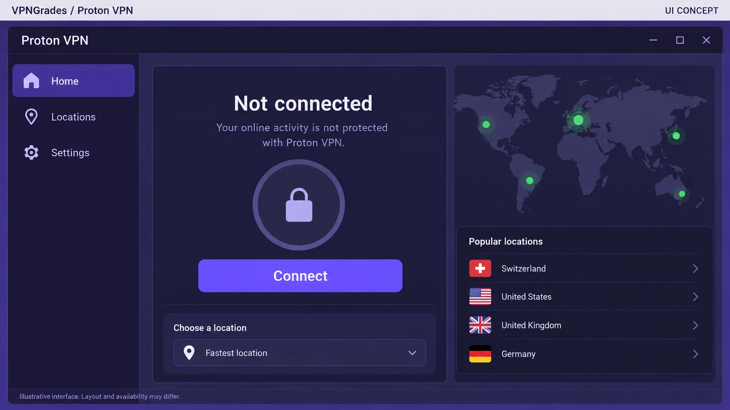 Proton VPN: a desktop connection interface (illustration).