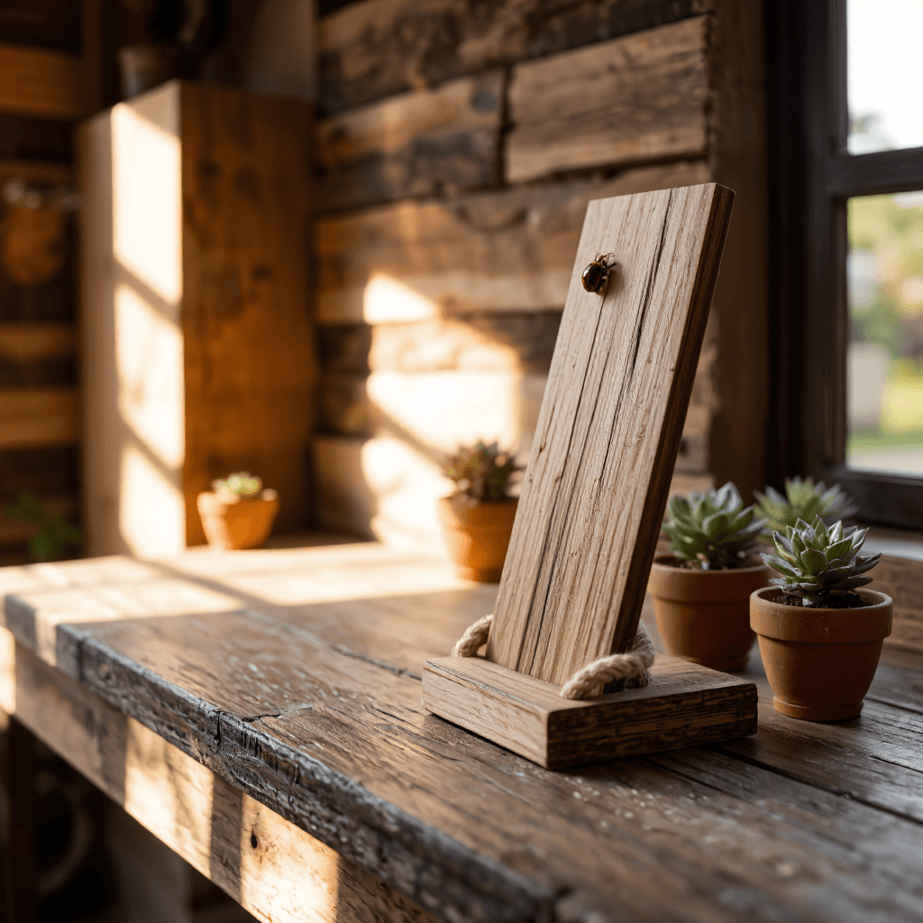 product photography of a wooden display stand with decorative rope and ladybug accents