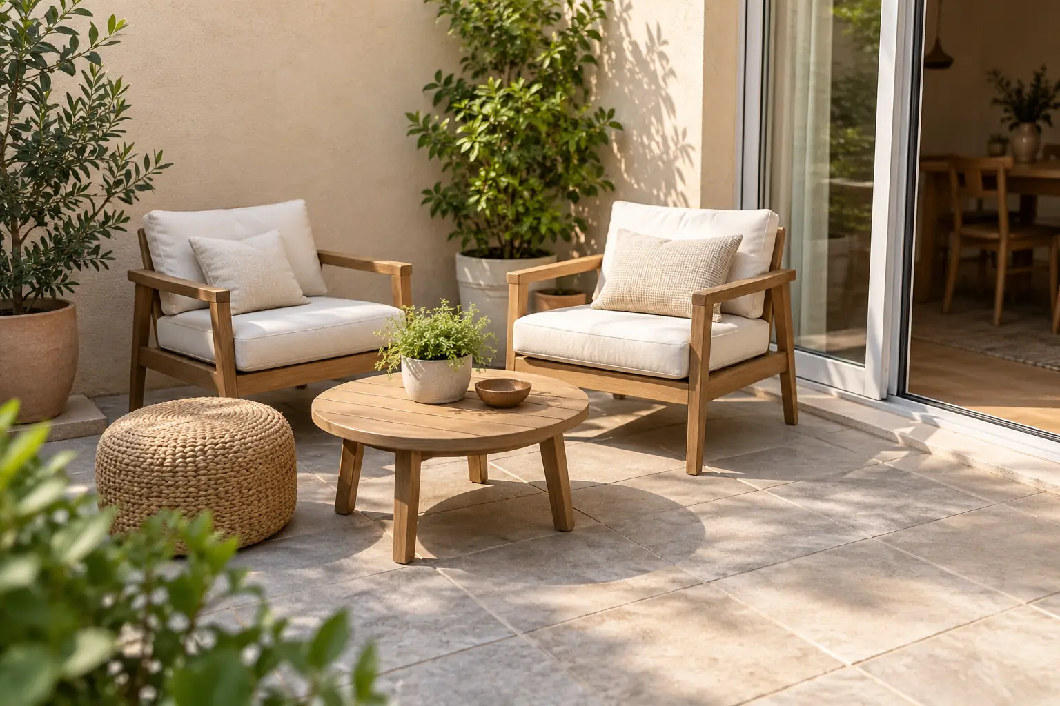 Deux fauteuils en bois clair, une table basse ronde et un pouf sur une petite terrasse.