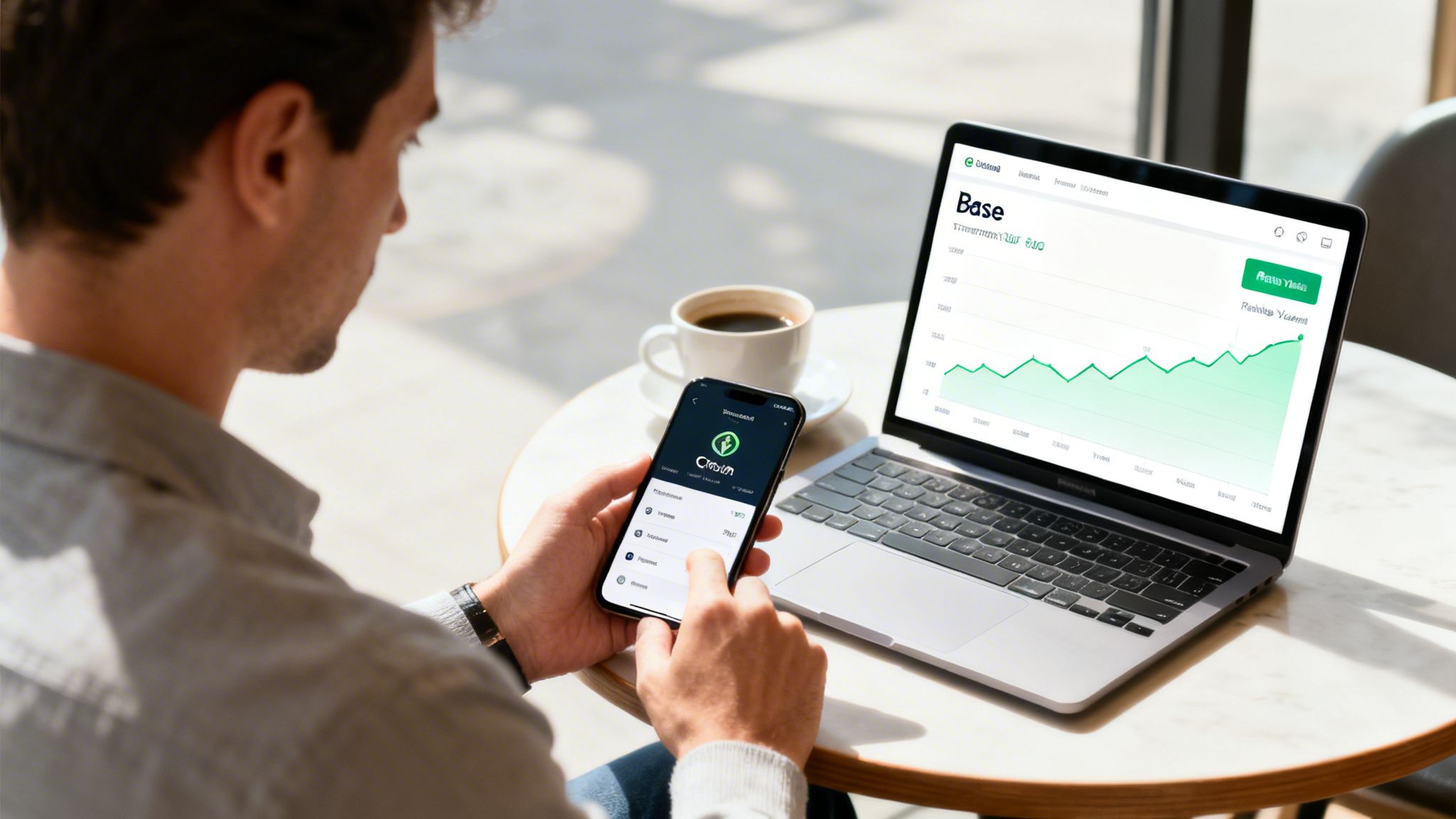 Man using a smartphone and laptop, both displaying financial apps with green graphs.