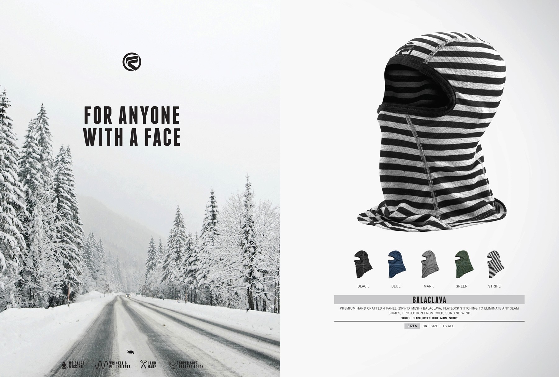Flow Snowboarding balaclava product catalog spread with snowy road imagery