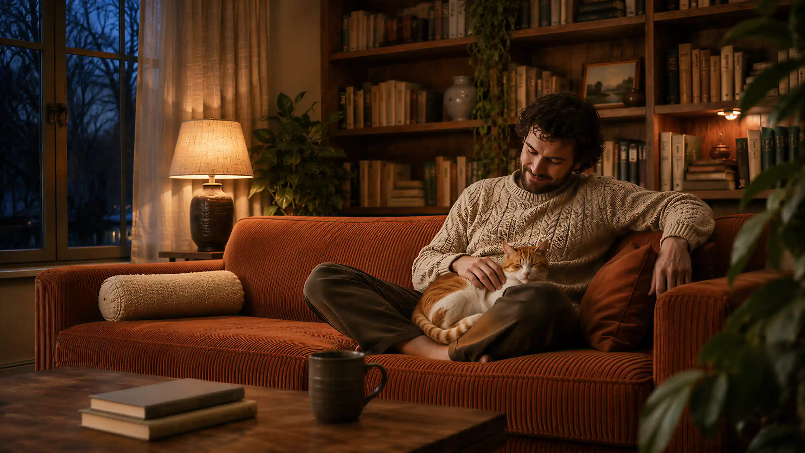 A man relaxing with his cat on a corduroy sofa in a warm, book-lined living room at dusk