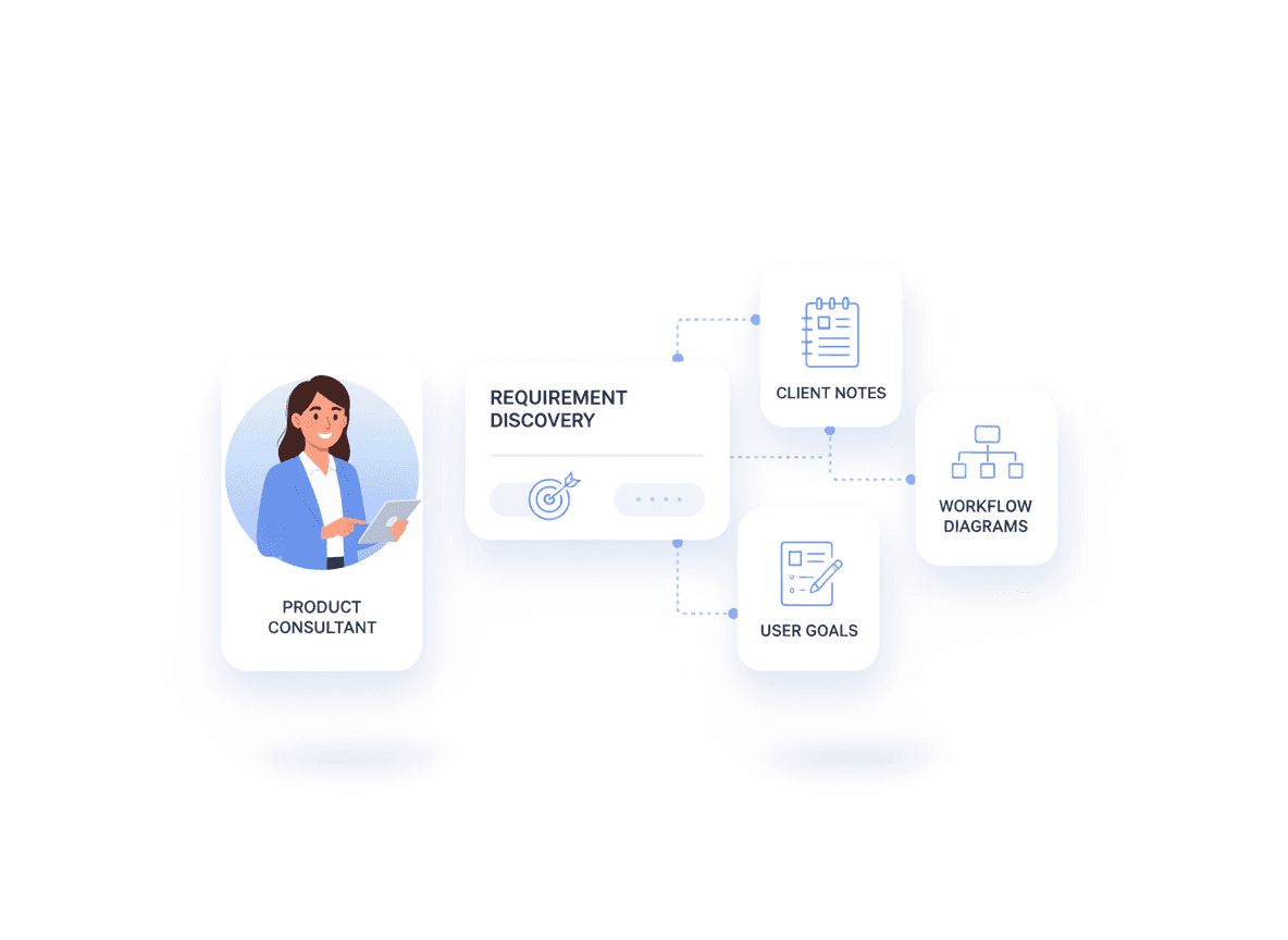 SaaS product discovery workshop showing user goals, workflows, and feature requirements documented during design planning