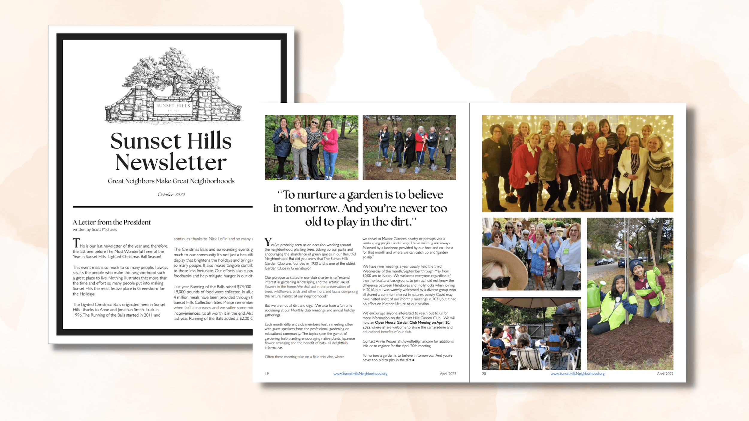 A two-page spread of the Sunset Hills Neighborhood Newsletter