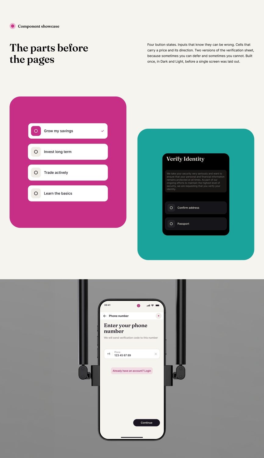 Account creation screens, phone number, personal details and identity check