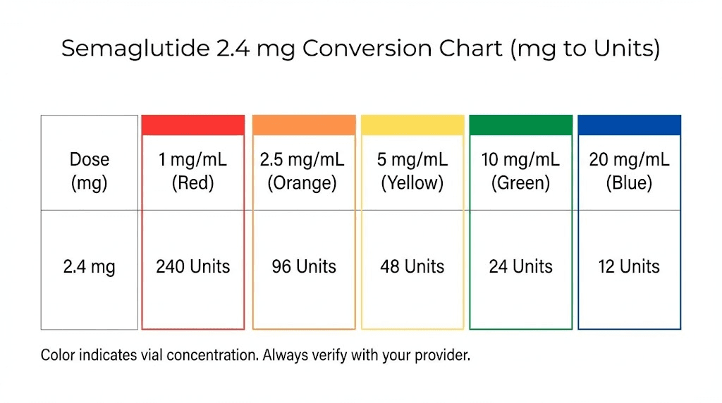 Semaglutide 2.4 mg to units conversion chart for all vial concentrations