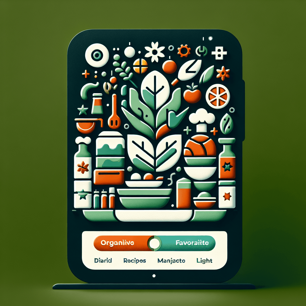 Futuristische Illustration einer Koch- oder Food-App auf einem Smartphone mit vielen schwebenden Icons rund um Desserts, Küchenutensilien und kreative Rezepte – in lebendigen Farben und einem verspielten, digitalen Look.