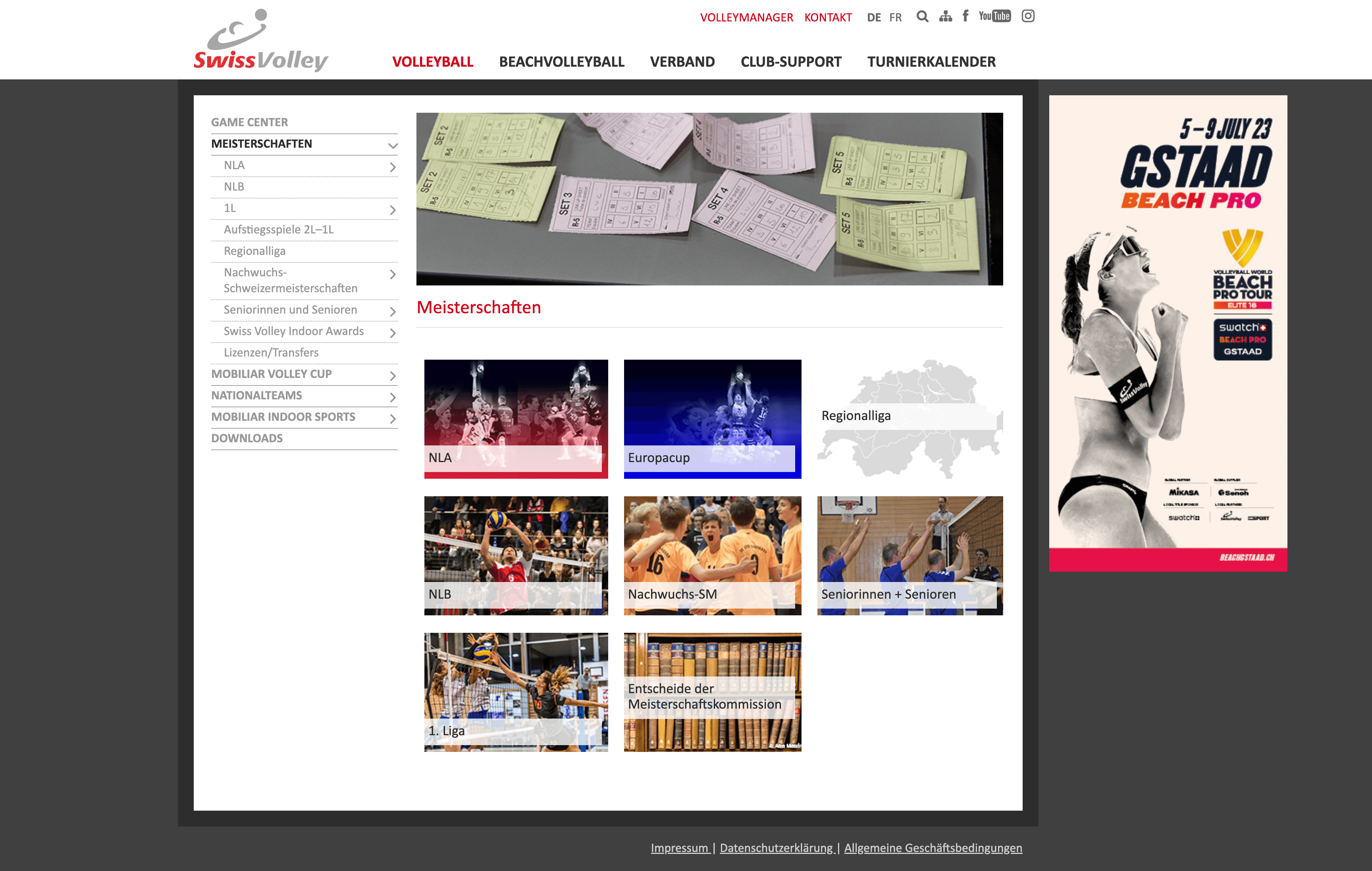 Before Swiss Volley site redesign: Dark-background page with a dense left sidebar menu and a central grid of game-center tiles.