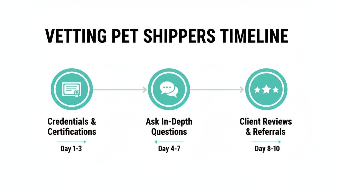 A timeline graphic showing three steps for vetting pet shippers: credentials, questions, and client reviews.