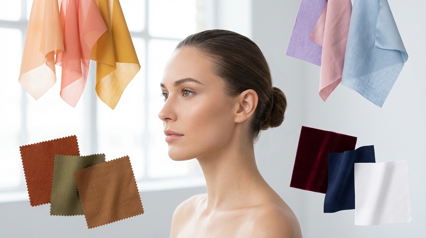 Analiza kolorystyczna online - kobieta otoczona paletami kolorów wiosna lato jesień zima