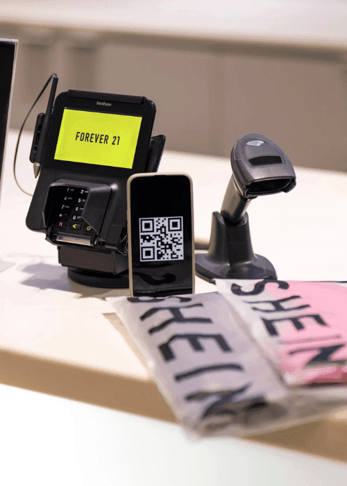 Qr code station at the counter of a retail store