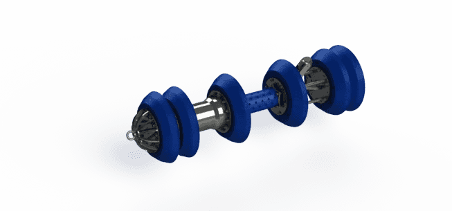 3D-rendered, blue and silver mechanical component, a part of a larger machine with wheel-like structures