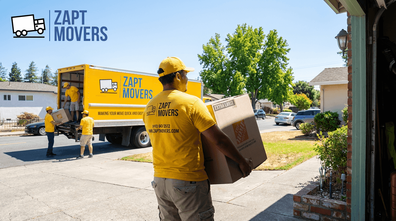 Zapt Movers Residential Moving Service Zapt Movers crew members in uniform efficiently load and unload labeled moving boxes from a branded yellow moving truck in a residential neighborhood, demonstrating professional residential moving services.